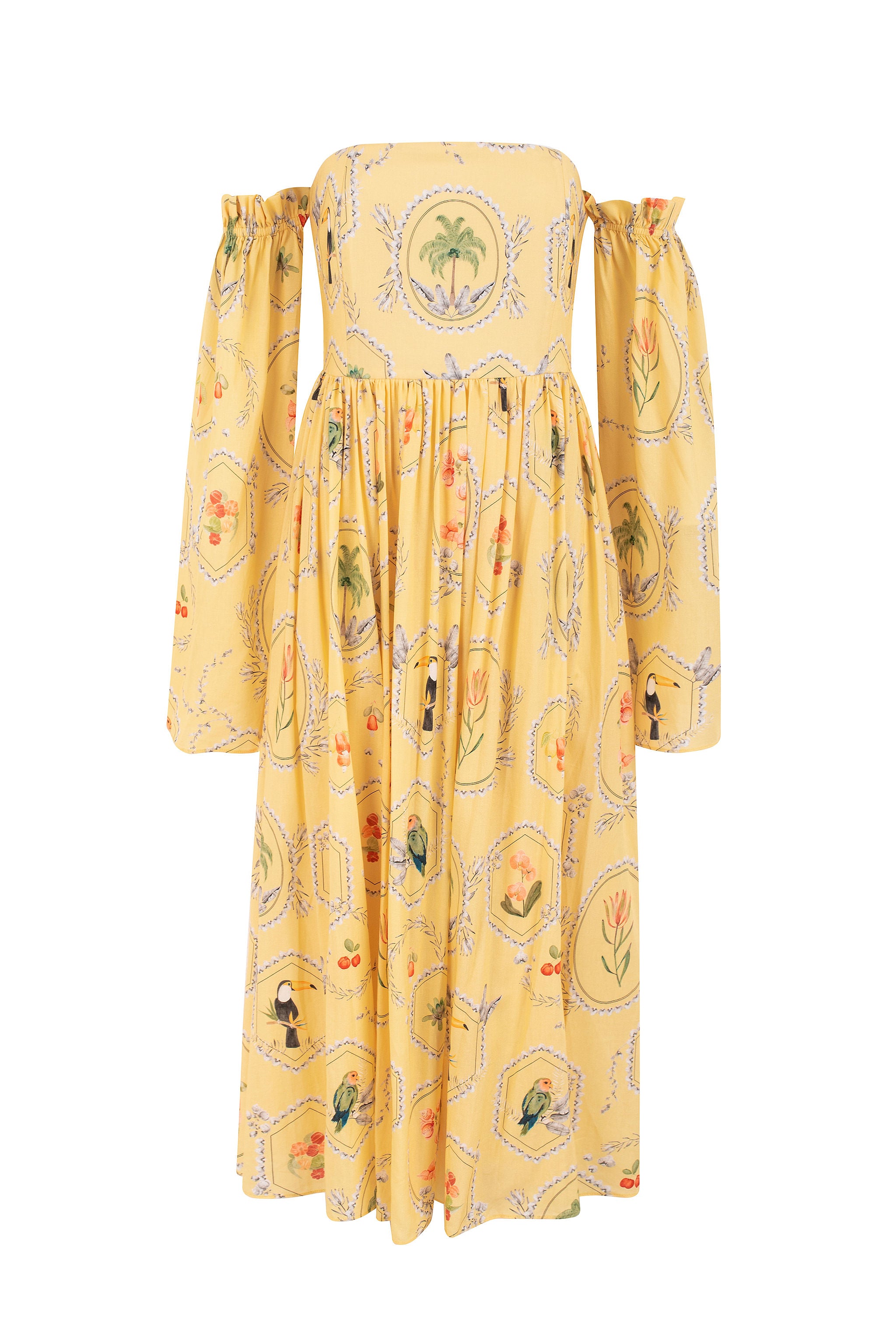 Strapless Print Midi Dress Removable Sleeves - Yellow Butter OUR BRAND Strapless Print Midi Dress Removable Sleeves - Yellow Butter OUR BRAND