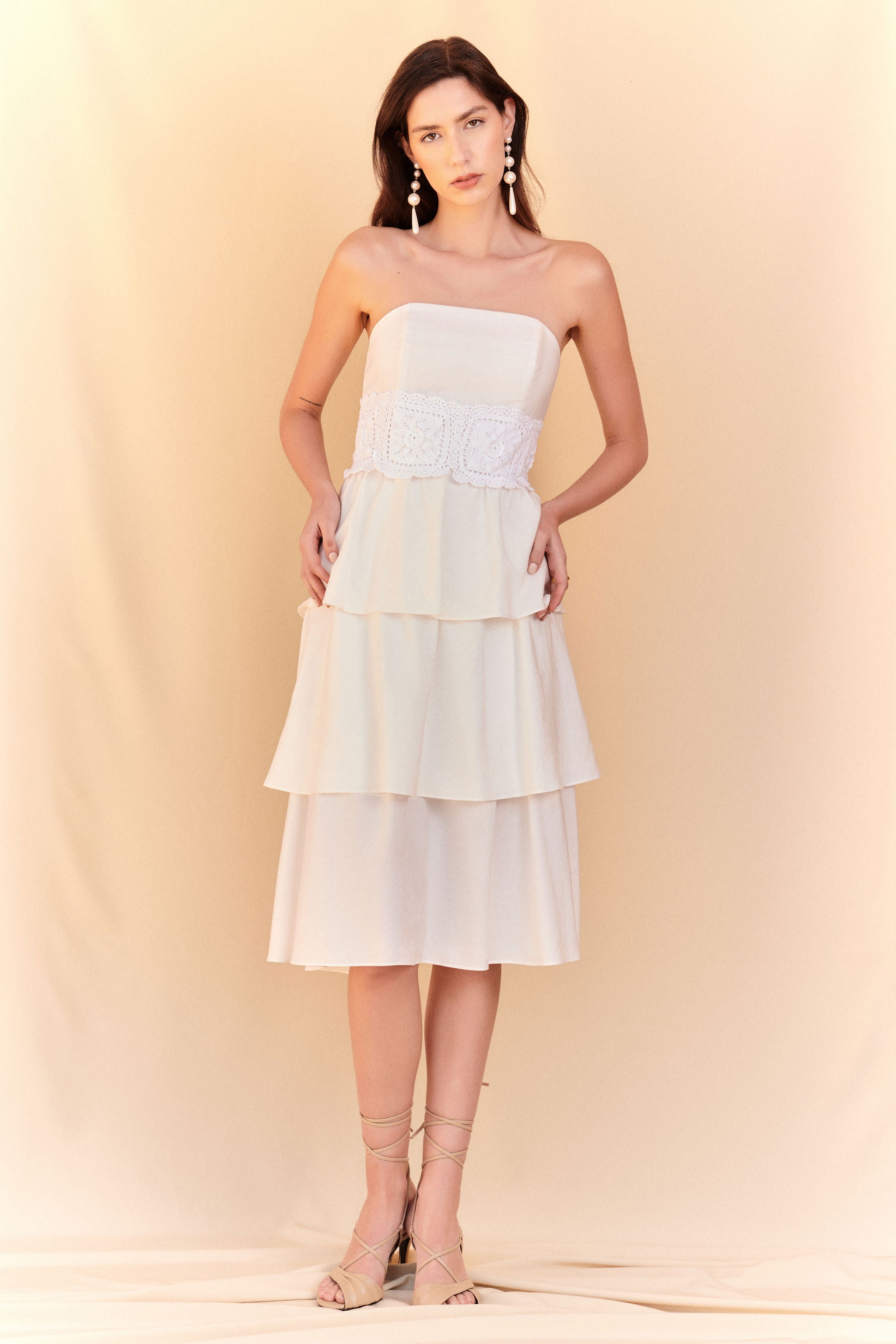 princess polly baby blue dress Boho Ruffle Crochet Strapless Midi Dress – White