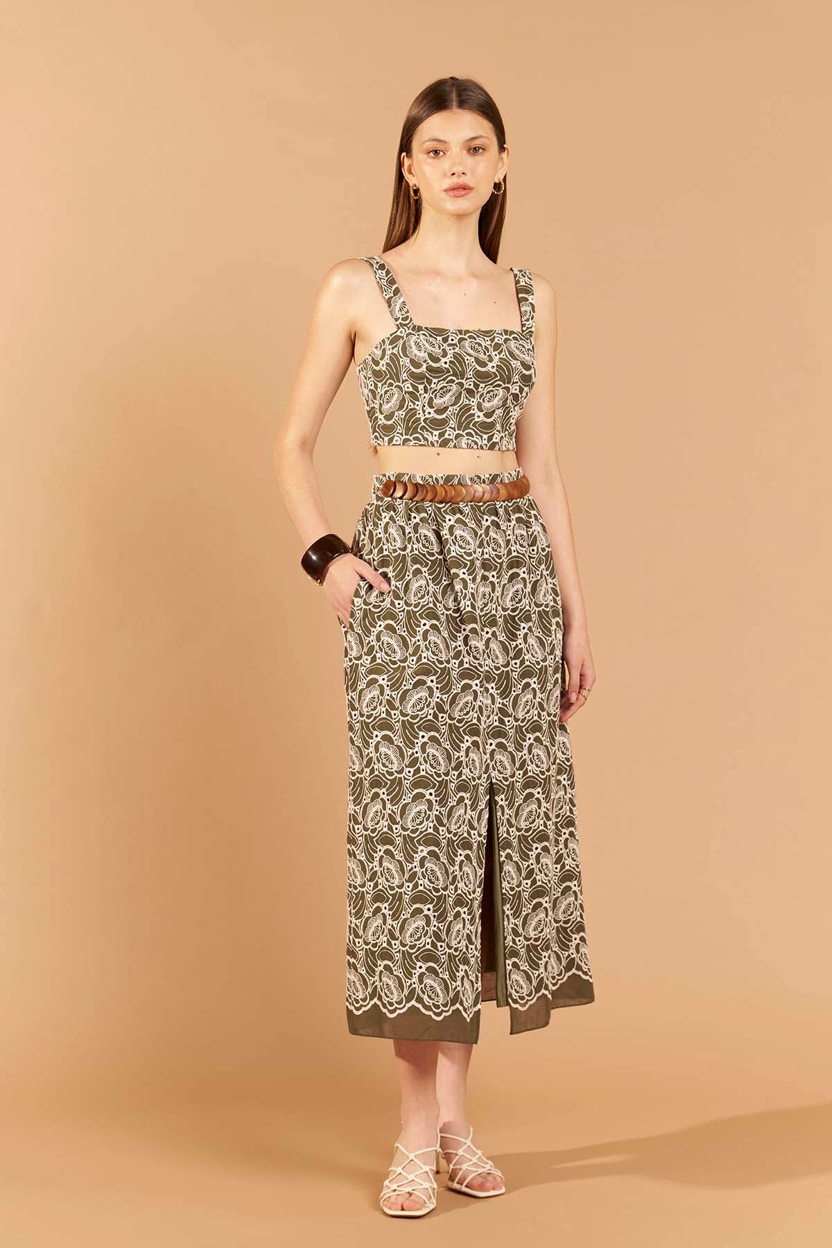Top and Midi Skirt Cotton Set - Olive Green
