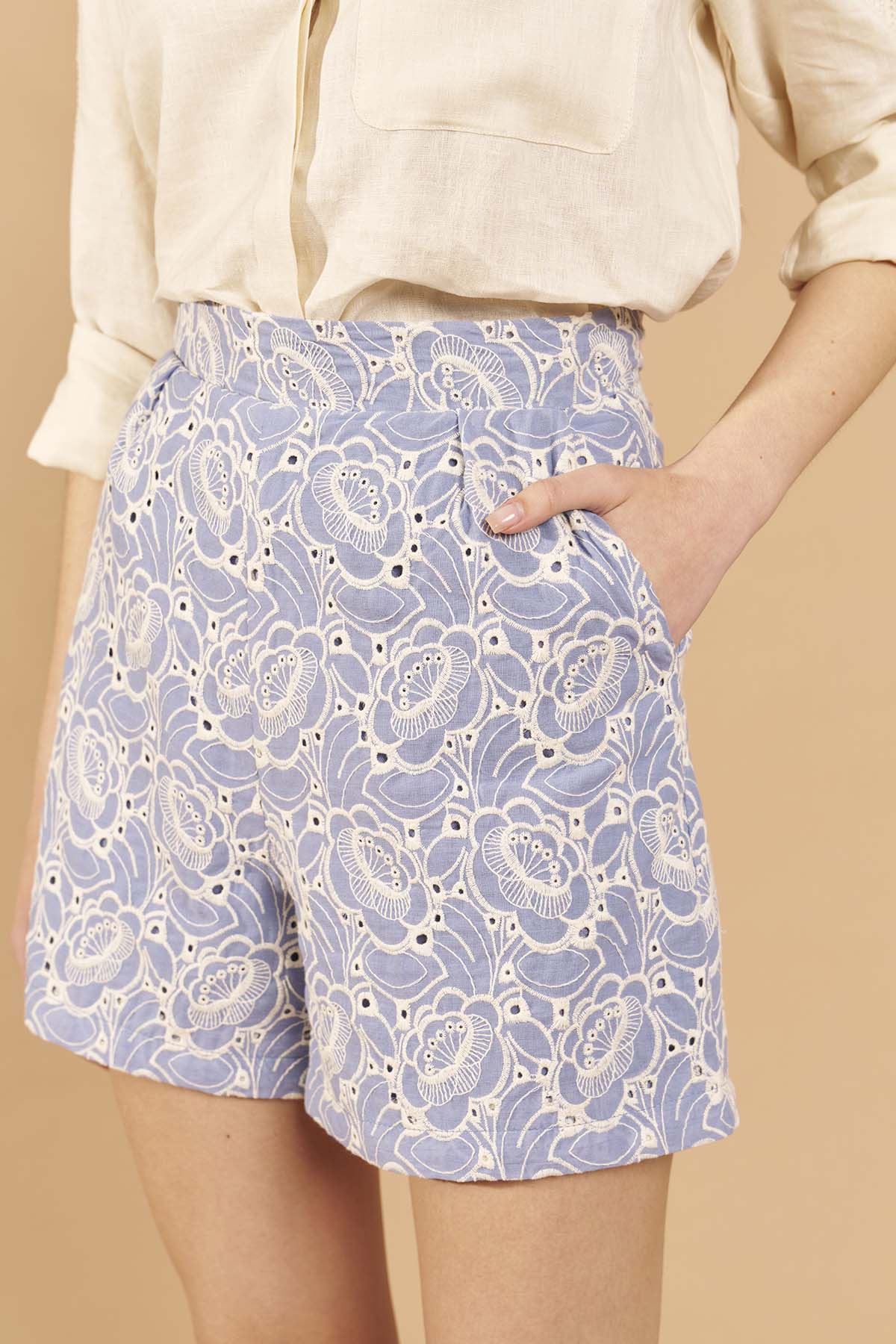 High Waisted Cotton Shorts - Sky Blue
