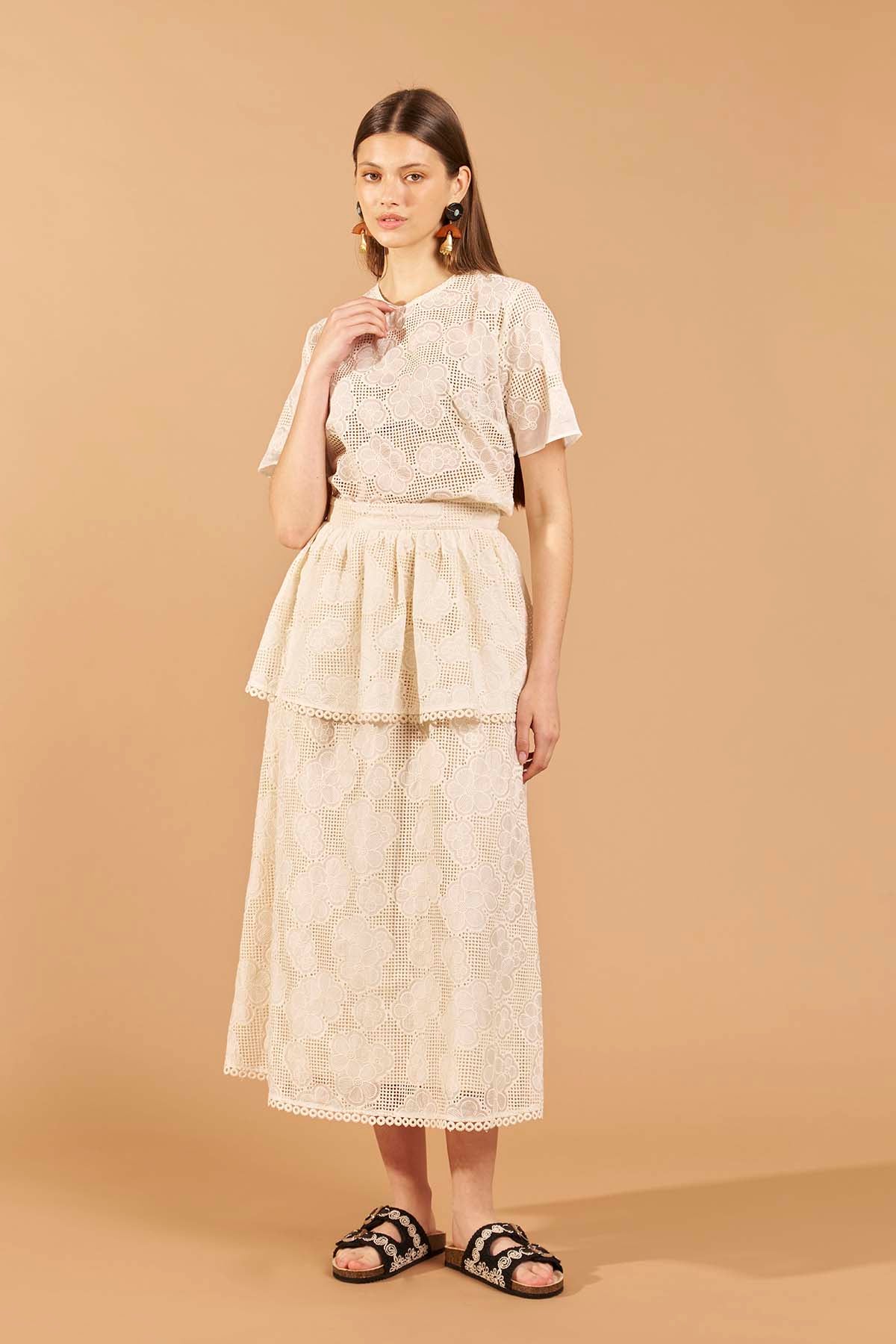 Flower Peplum Midi Skirt - Off white