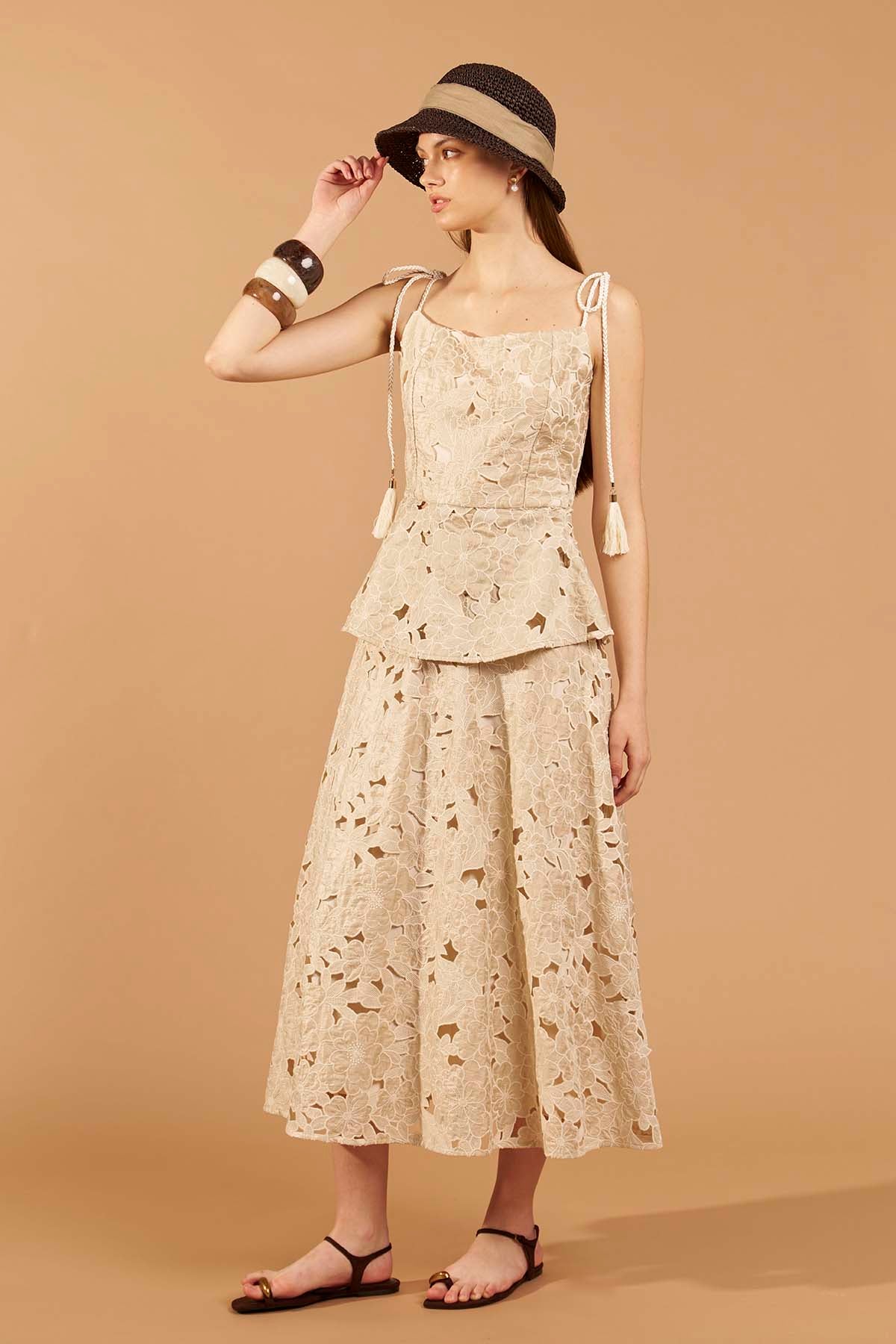 Lace Midi Skirt - Beige