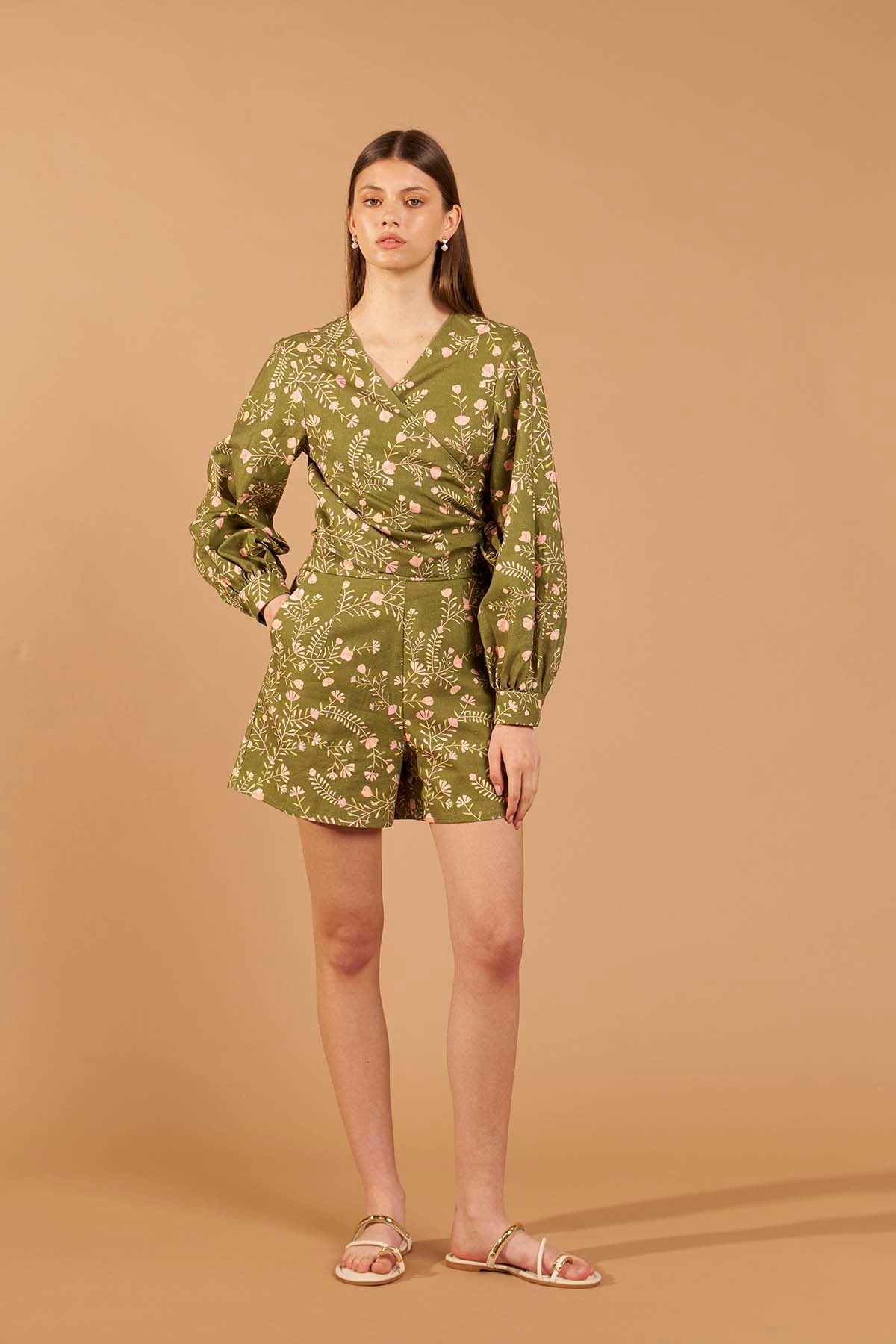 Ramos Print Wrap Blouse – Olive