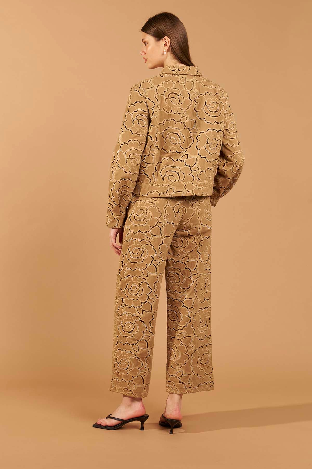 Floral Denim Trousers - Camel