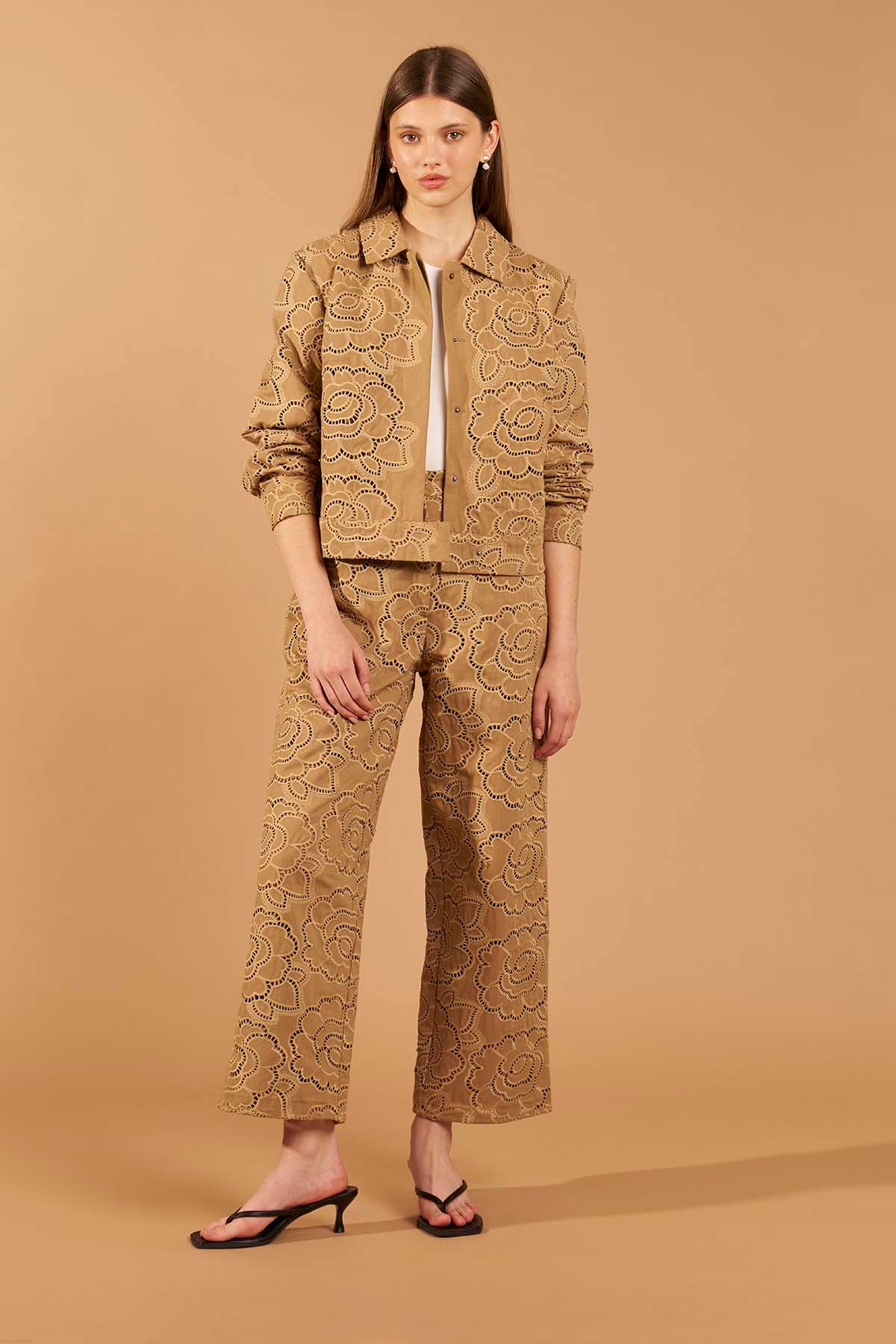 Floral Denim Trousers - Camel