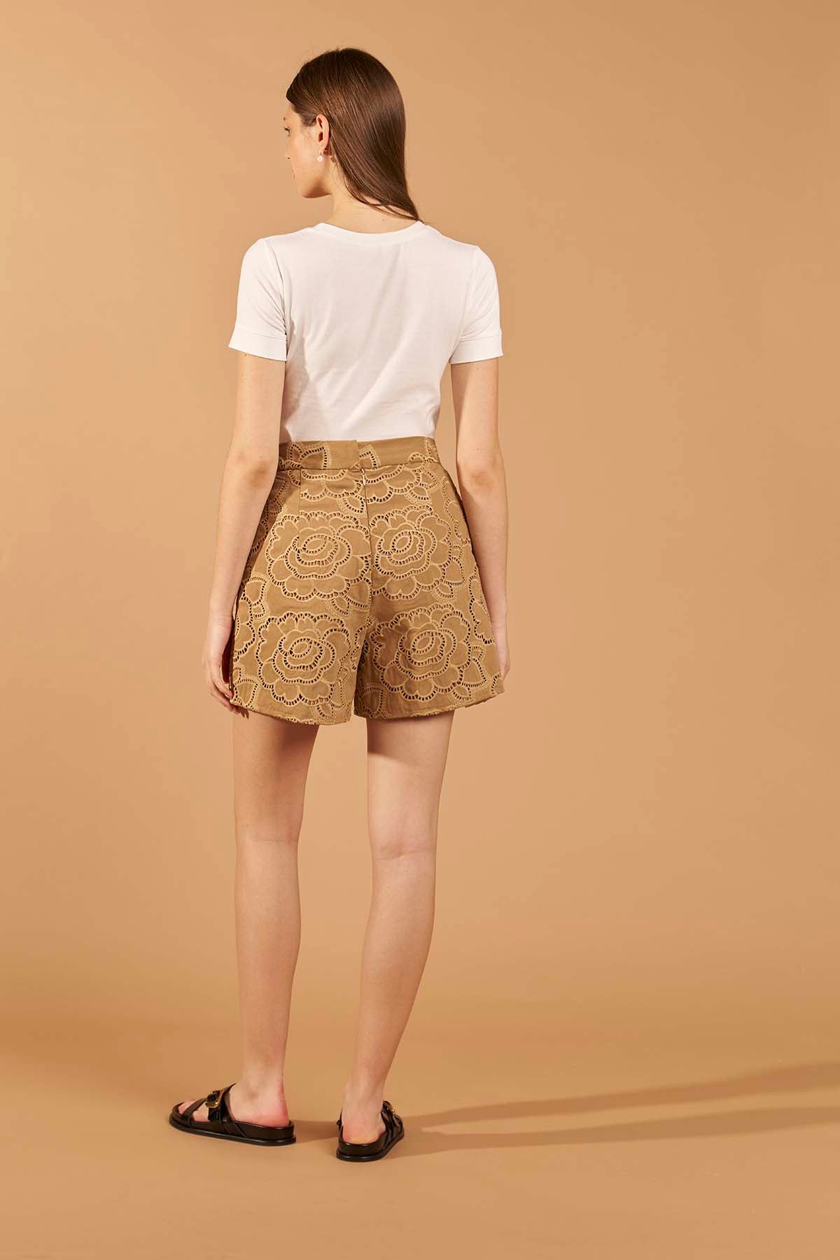 Floral Denim Shorts - Camel