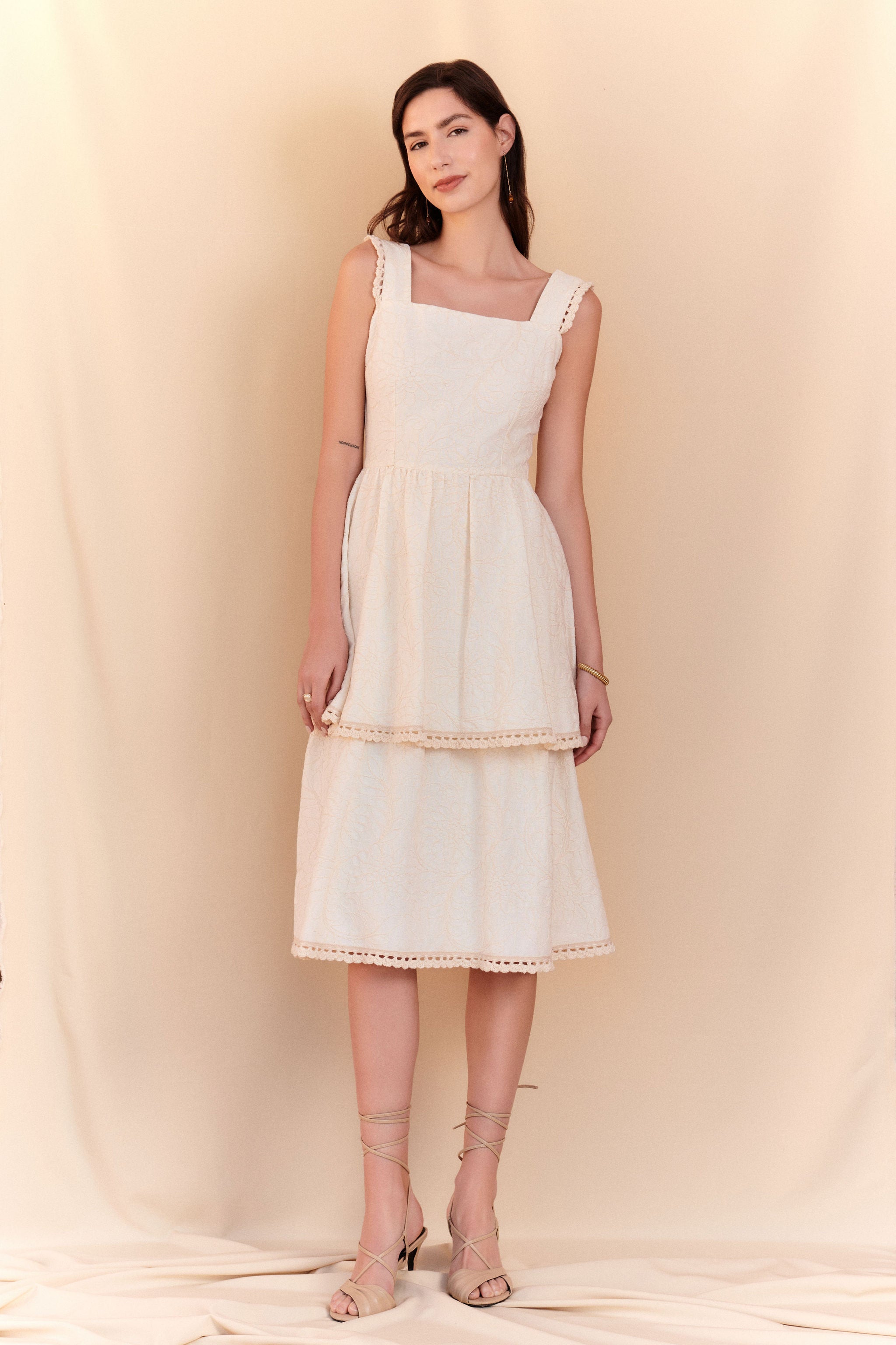 LUISA EMBROIDERY CROCHET MIDI DRESS - BEIGE OUR BRAND LUISA EMBROIDERY CROCHET MIDI DRESS - BEIGE OUR BRAND